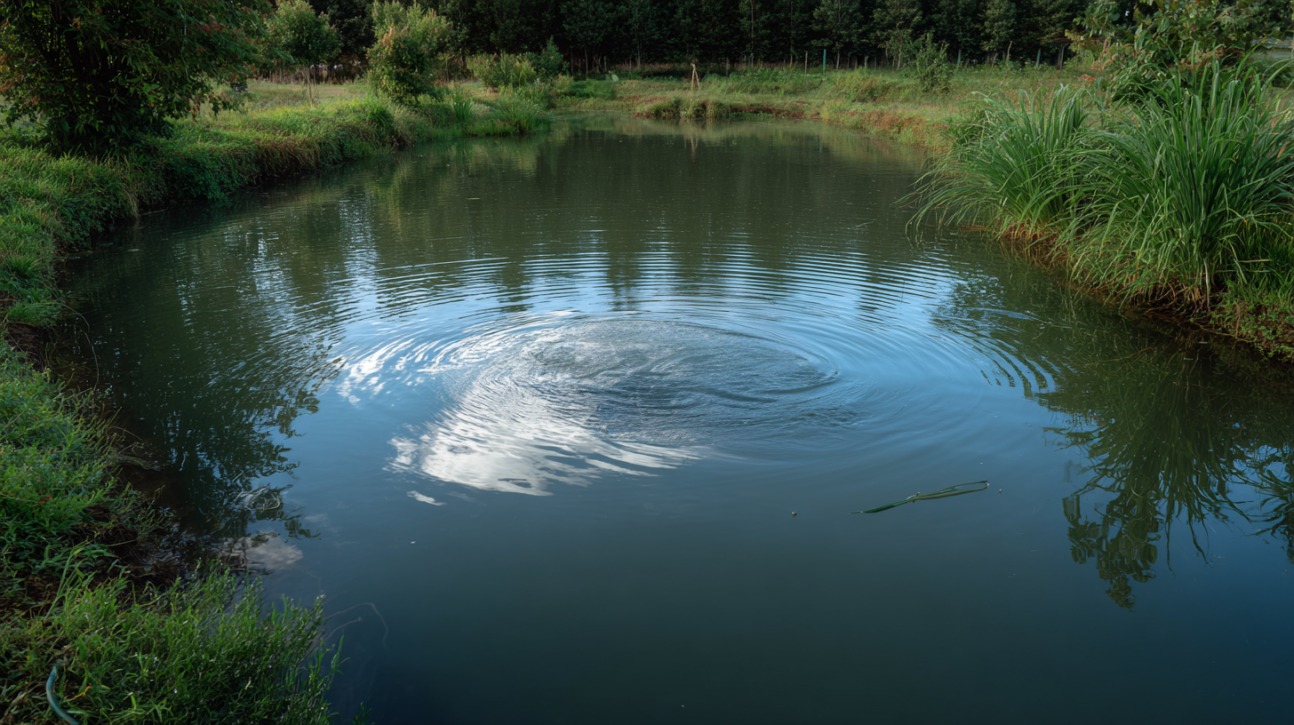 Small pond with visible aeration bubbles and circular ripples spreading outward