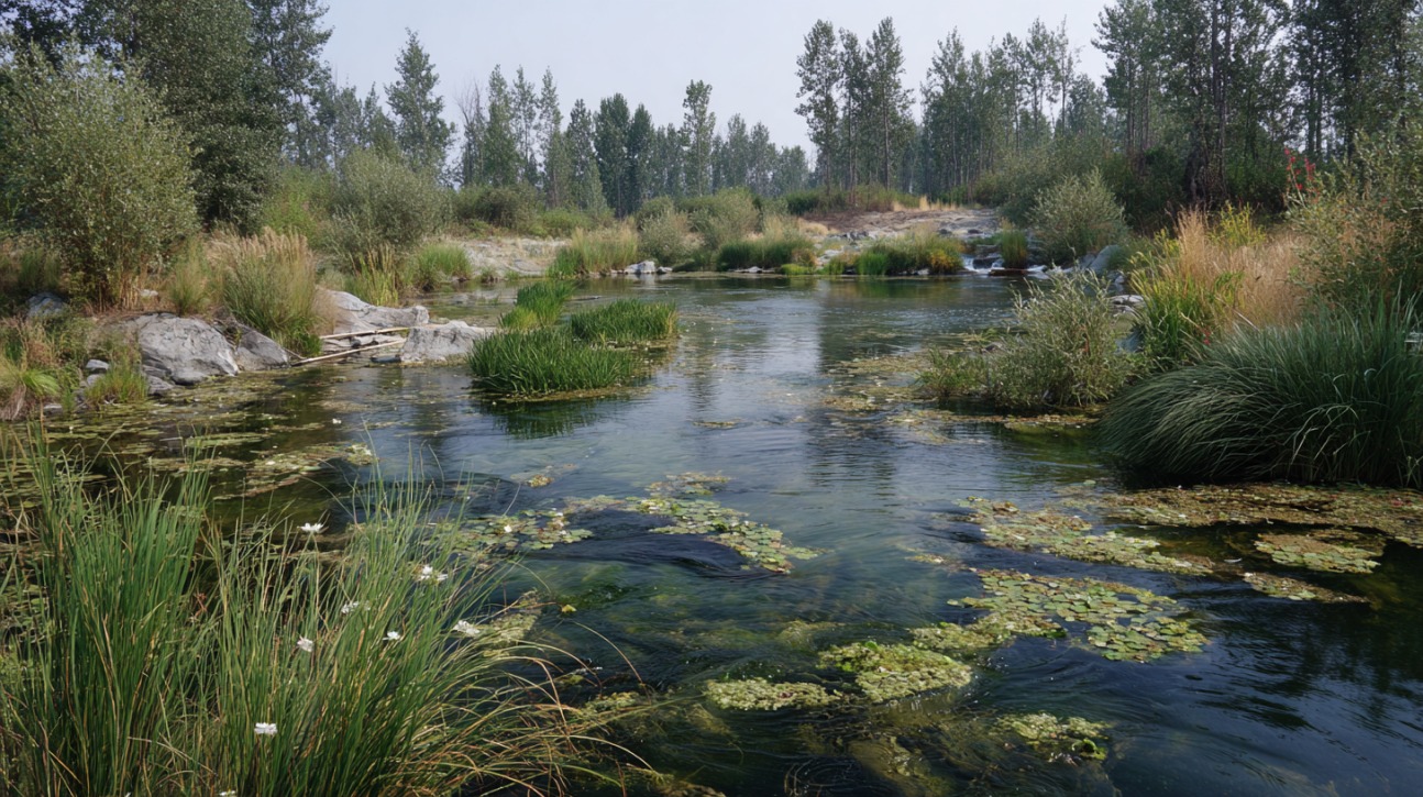 Large pond with patches of algae, aquatic plants, and surrounding grasses and trees