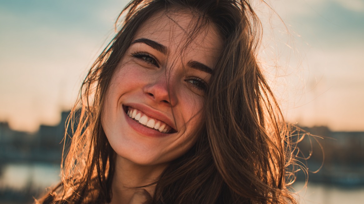 Young woman smiling outdoors at sunset, showing bright white teeth and exuding confidence