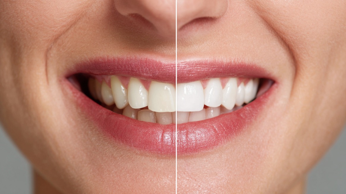 Close-up of a smile showing a clear before-and-after comparison of teeth whitening, with whiter teeth on the right side
