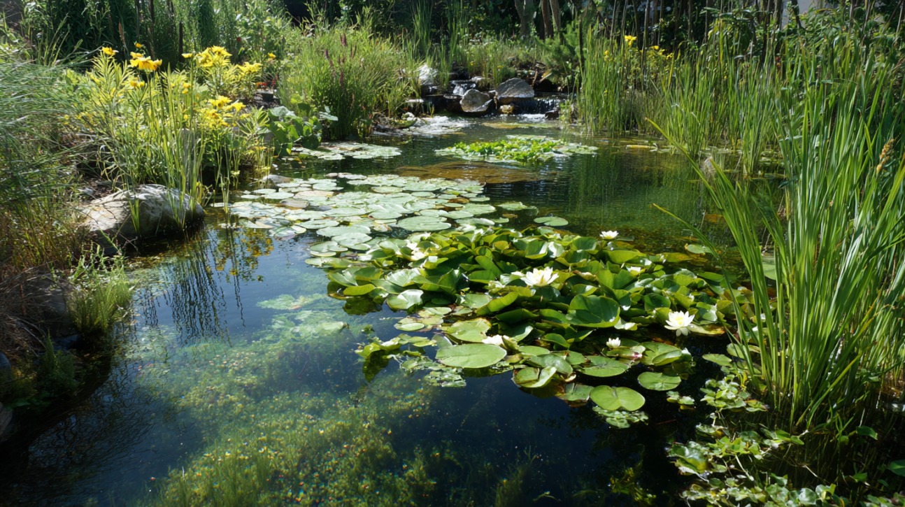 Garden pond with blooming white water lilies, tall grasses, and flowering plants