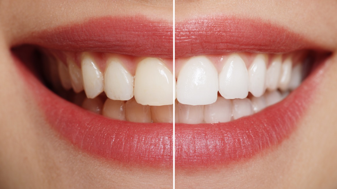 Close-up of a smiling mouth showing a before-and-after comparison of teeth whitening: the left side with yellowish teeth and the right side with bright white teeth