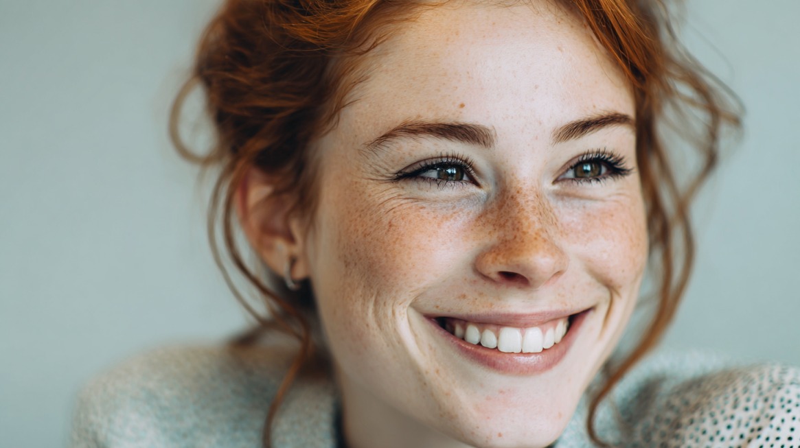Close-up of a young woman with freckles smiling brightly, showing her white teeth and radiating happiness
