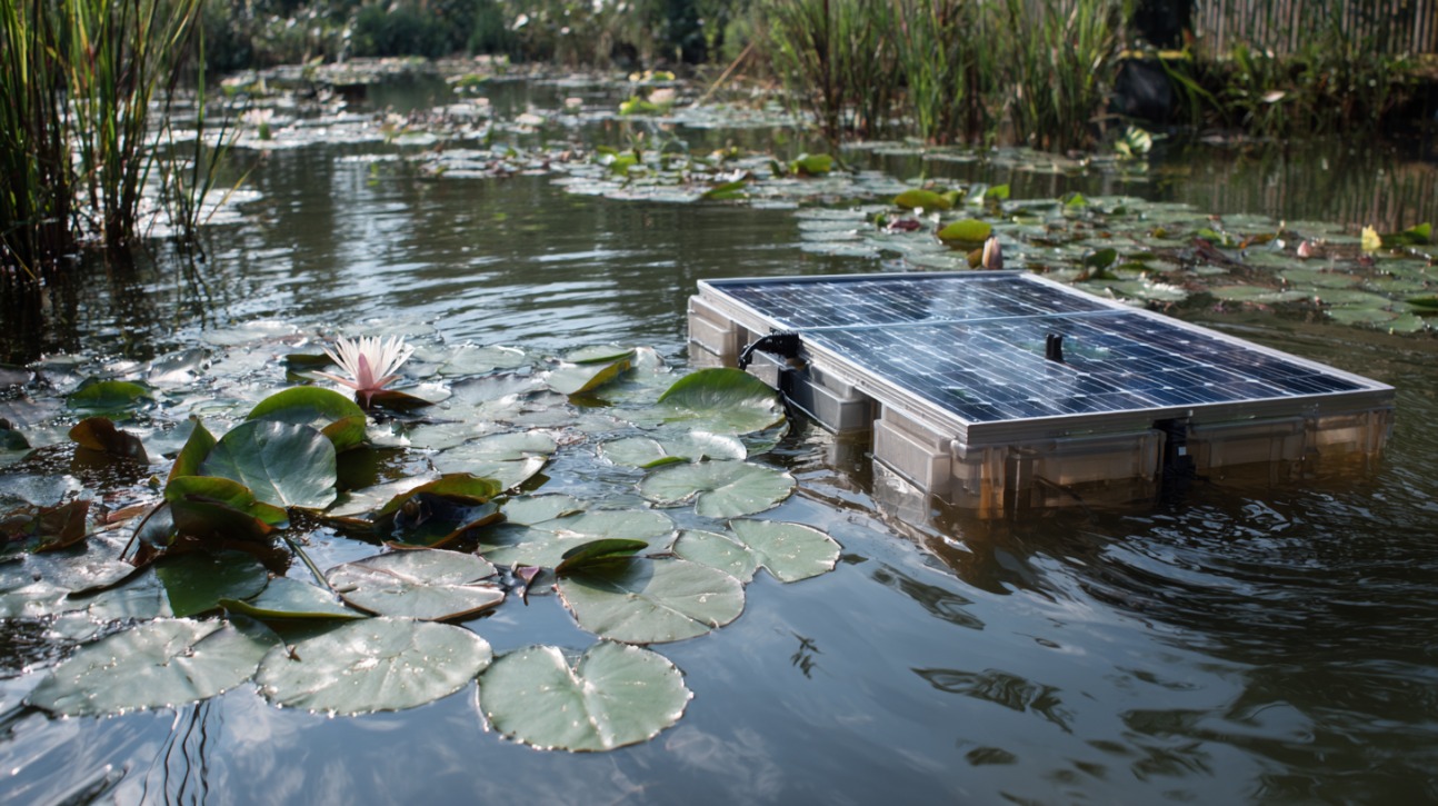 Floating solar-powered aerator on a pond surface surrounded by water lilies and plants