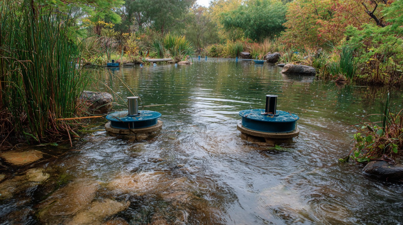 Two surface aerators circulating water in a decorative pond surrounded by plants and rocks