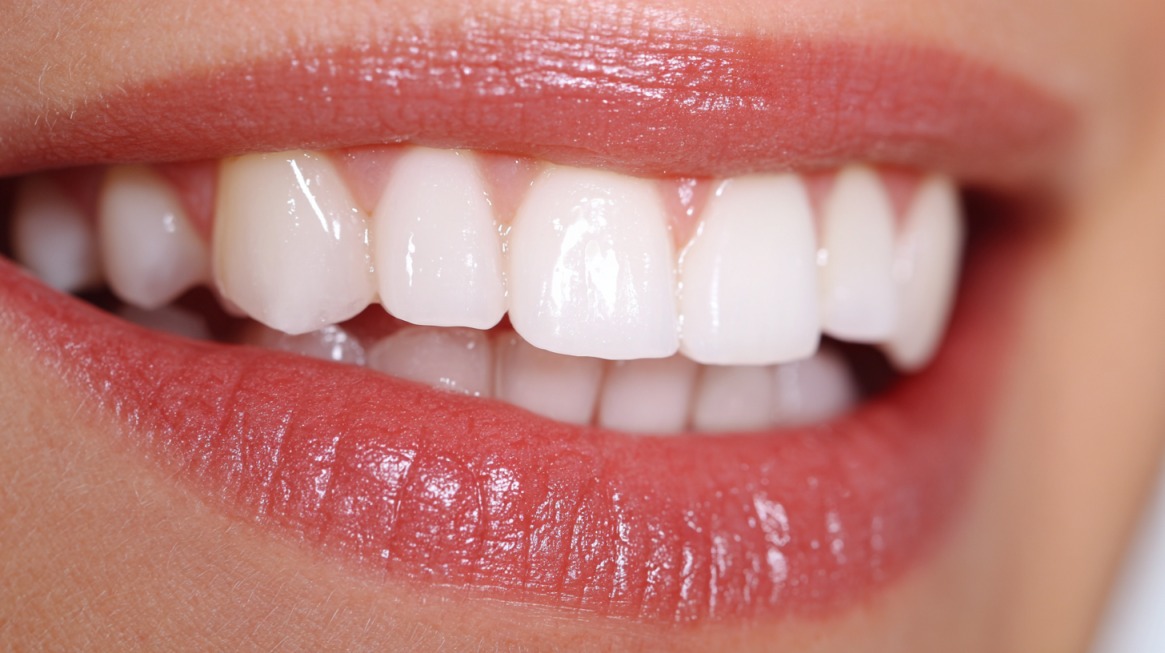 Close-up of a person’s bright white teeth and glossy lips, showing the aesthetic appeal of a radiant smile
