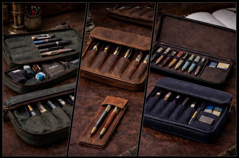 Three-panel collage of pen cases made from fabric, distressed leather, and rigid material, each filled with pens and tools on a wooden desk