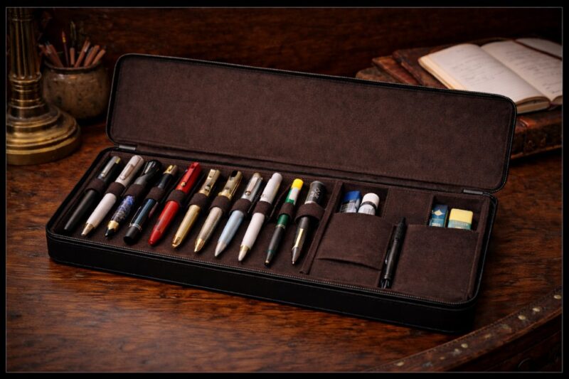 Large open black leather pen case with brown suede interior, holding multiple pens and writing tools in organized slots