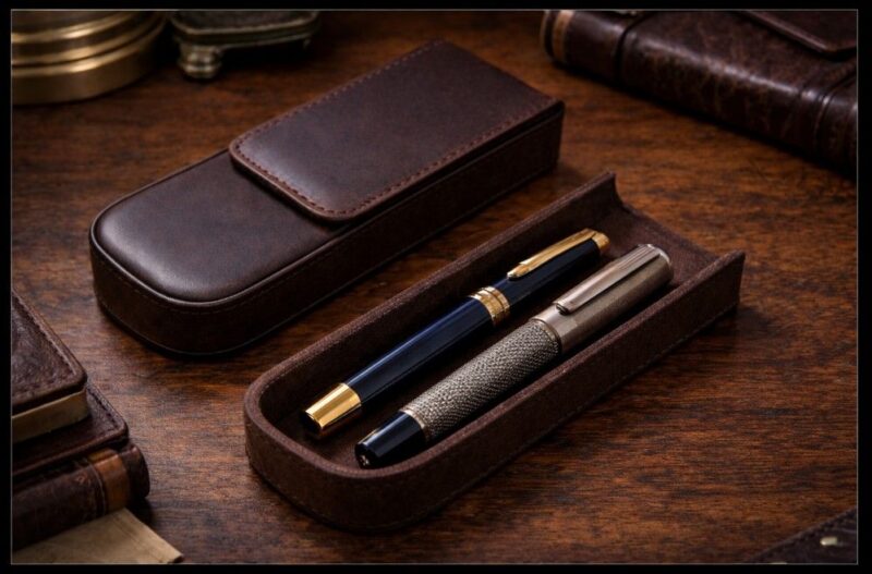 Open two-pen leather case with dark brown exterior and suede interior, holding two luxury pens, placed on a wooden desk