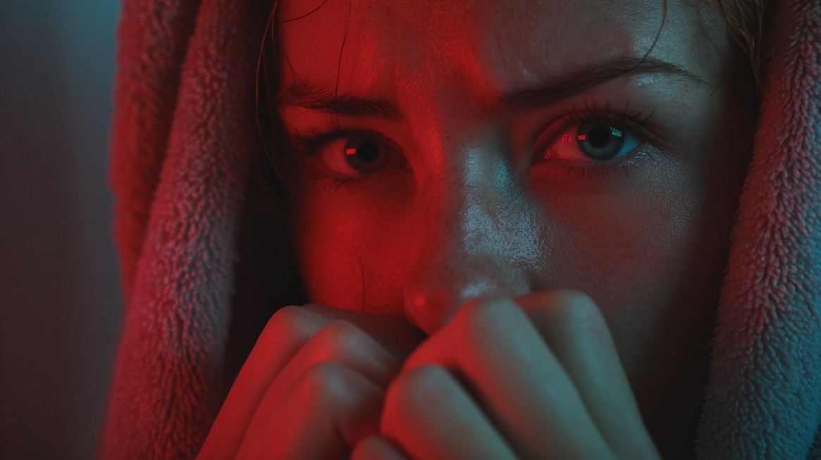 Close-up of a woman wrapped in a blanket under red lighting, appearing ill and feverish, symbolizing high fever and chills