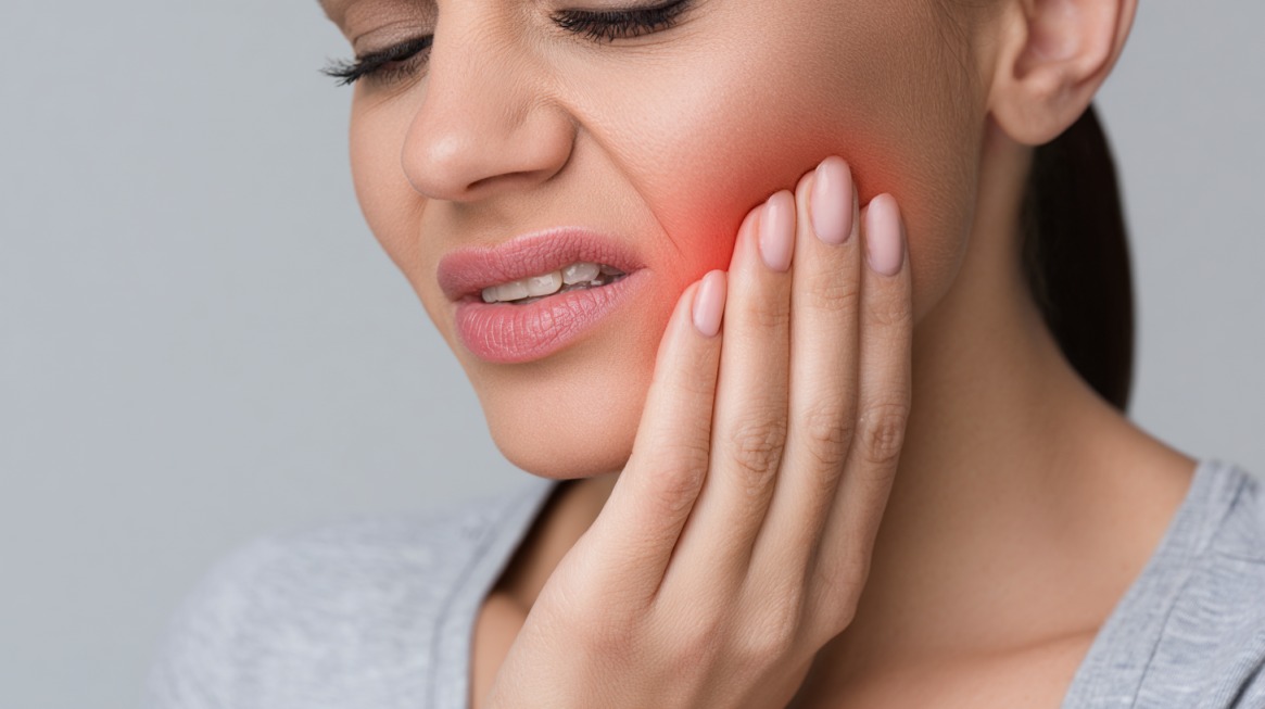 Woman holding her jaw with visible redness on her cheek, indicating severe dental pain or a possible abscess