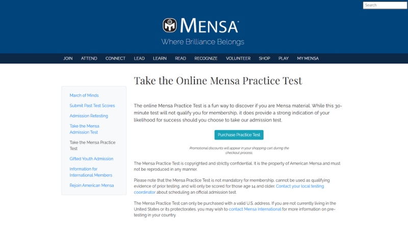 American Mensa page shows an online practice IQ test with details about membership qualification