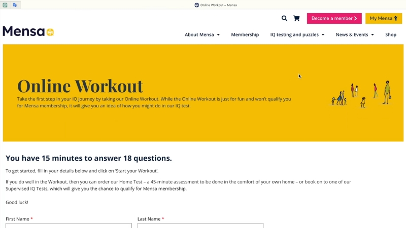 Mensa website page shows an online IQ test with a 15 minute time limit and 18 questions