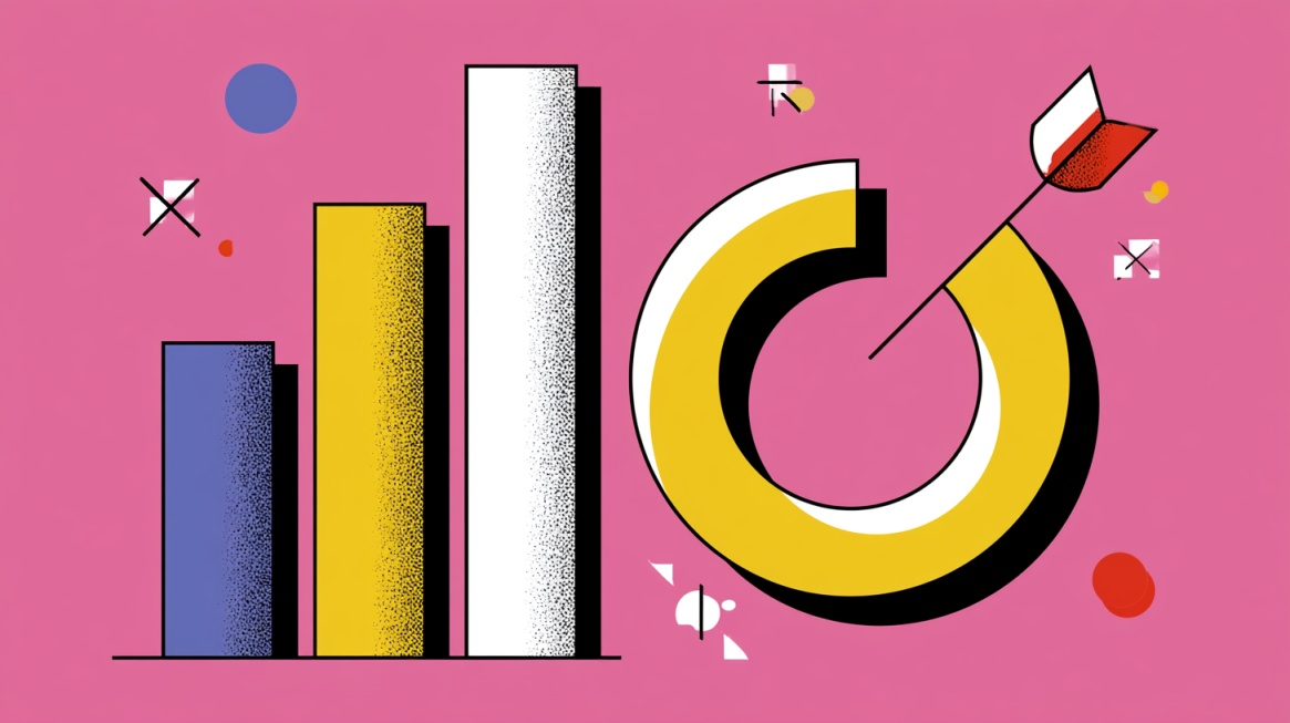 Colorful illustration of bar charts and a target symbol on a pink background.