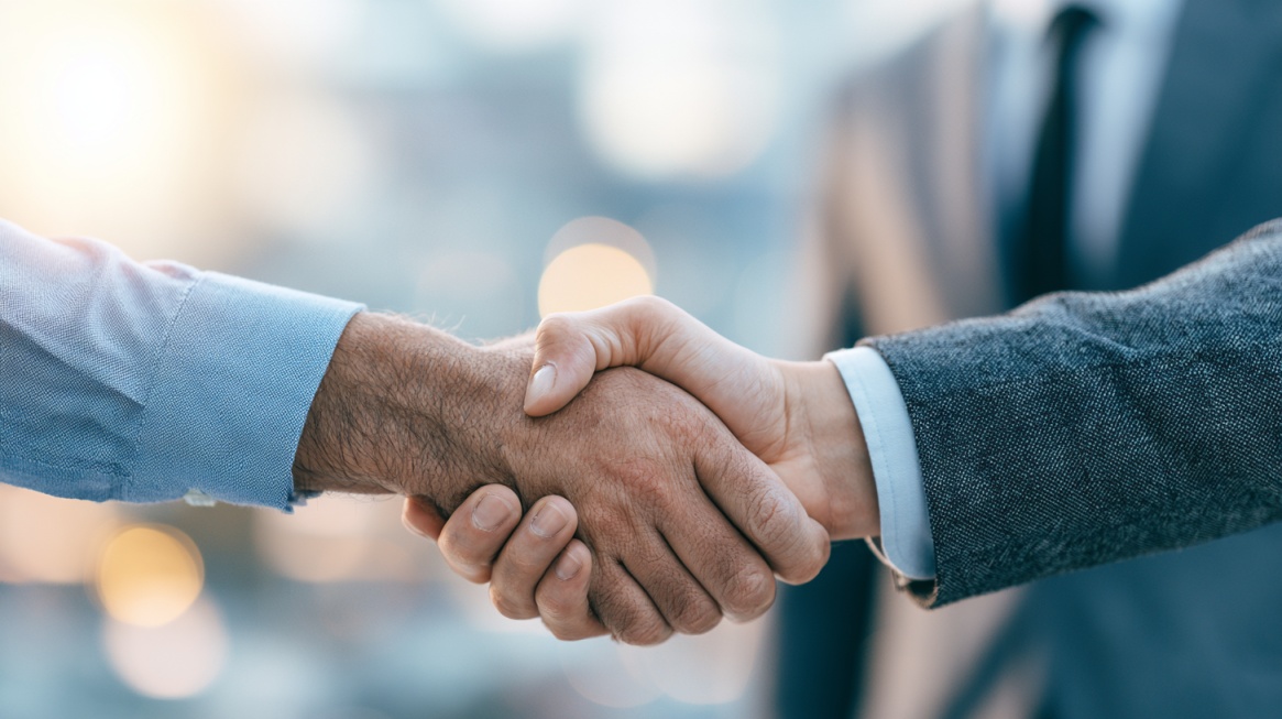Close-up of two business people shaking hands in a professional setting