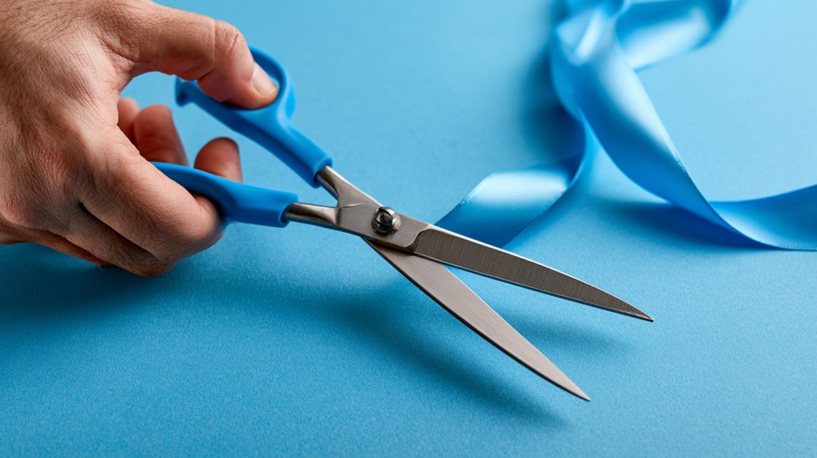 Hand using blue scissors to cut blue ribbon on a matching blue surface.