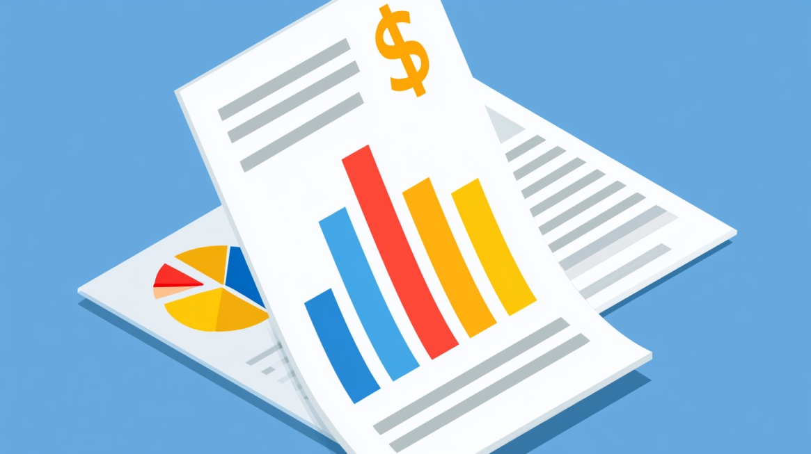 Illustrated financial reports with bar charts, a pie chart, and a dollar symbol on a blue background.
