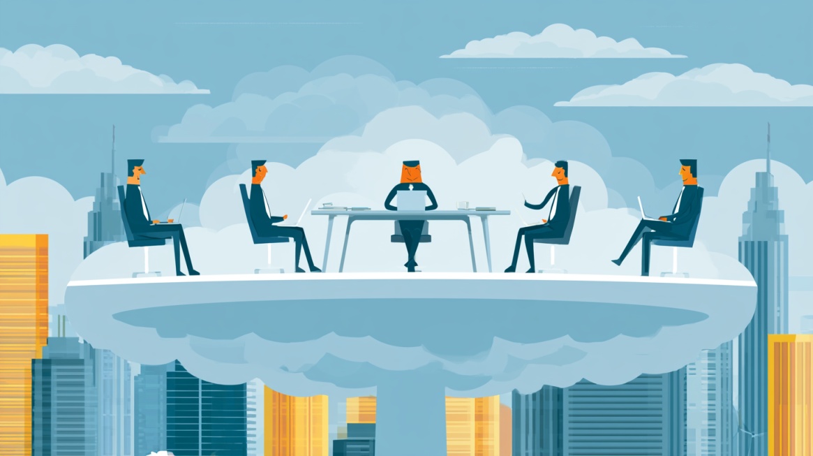Illustration of business people working on laptops around a cloud-shaped office above a city skyline.