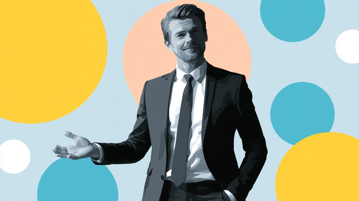 Illustration of a businessman in a suit standing against a colorful abstract background