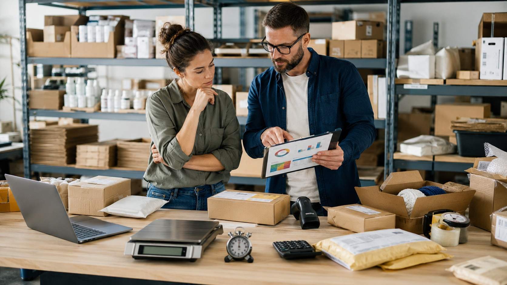 Two business owners analyzing shipping data in a small fulfillment workspace.