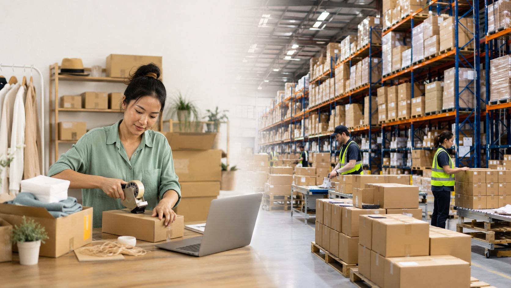 Small business owner packing orders beside a large fulfillment warehouse.