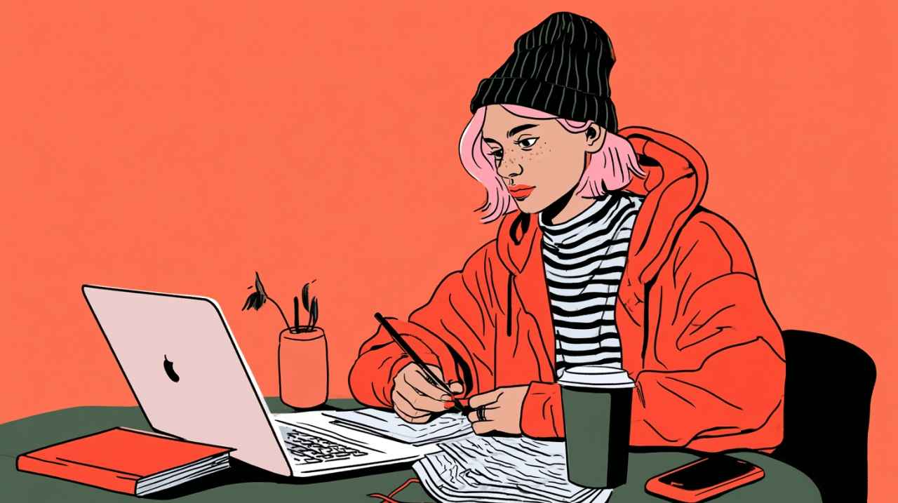 Freelancer working at a desk with a laptop and notes