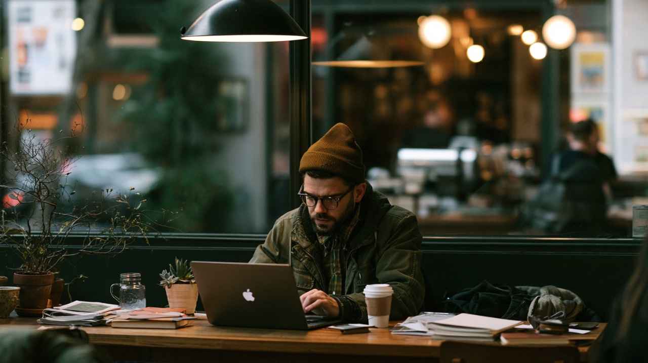 Freelancer working alone on a laptop in a café