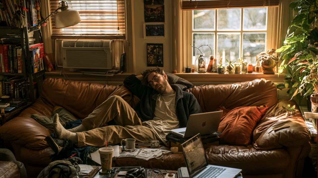 Tired freelancer working from home with laptops and paperwork